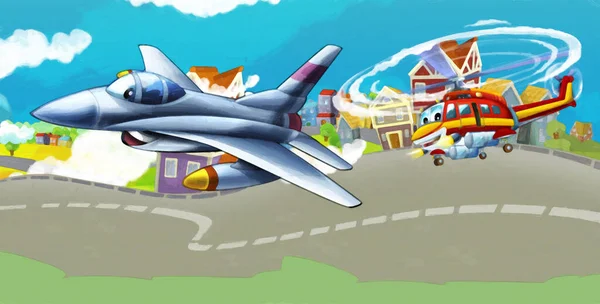 Dibujos Animados Escena Feliz Con Helicóptero Avión Volando Ciudad Ilustración — Foto de Stock