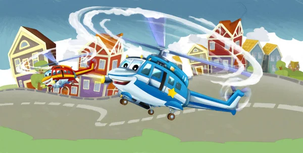 Мультяшна Щаслива Сцена Літаючим Вертольотом Летить Місті Ілюстрація Дитячої Художньої — стокове фото