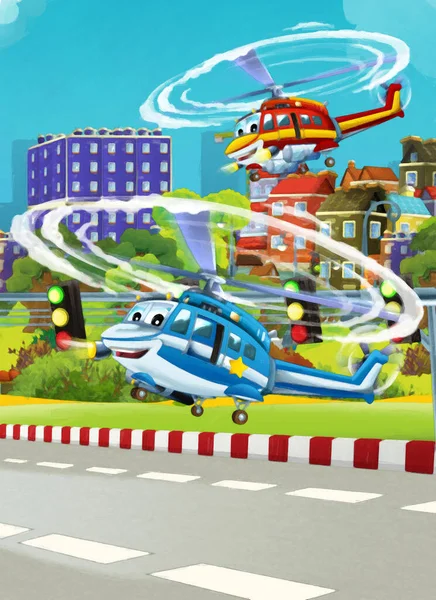 Kreslená Veselá Scéna Letadlem Vrtulník Létání Městě Ilustrace Pro Děti — Stock fotografie