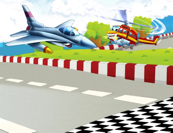 Kreslená Veselá Scéna Letadlem Vrtulník Létání Městě Ilustrace Pro Děti — Stock fotografie