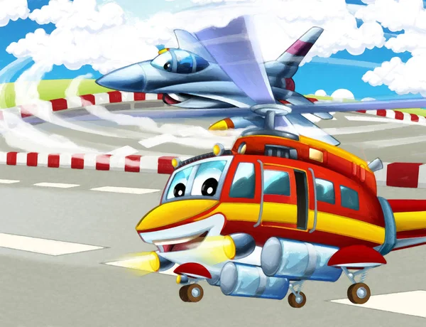 Tecknad Glad Scen Med Flygplan Helikopter Flyger Staden Illustration För — Stockfoto