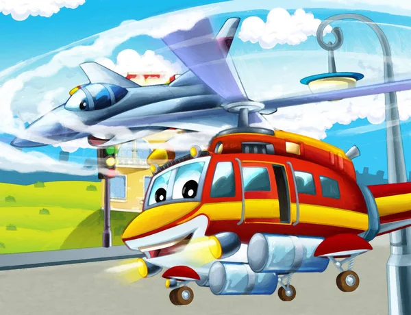 飛行機のヘリコプターが街を飛んでいる漫画の幸せなシーン 子供たちのためのイラストアートシーン — ストック写真