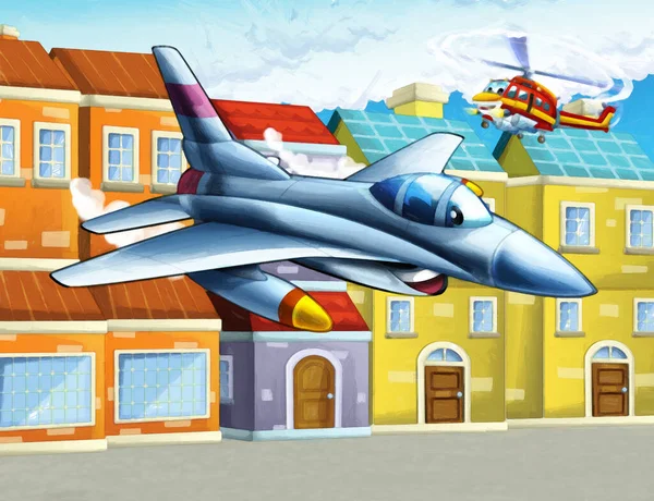 Çizgi Film Mutlu Sahnesi Şehirde Uçan Uçak Helikopteri Çocuk Sanatsal — Stok fotoğraf