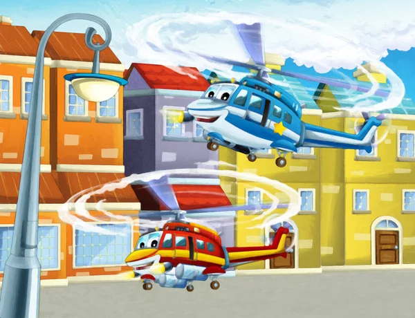 卡通片快乐场景与飞机直升机在城市中飞行 儿童艺术绘画场景图解 — 图库照片