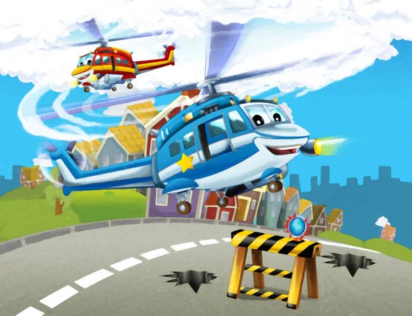 Cartone Animato Scena Felice Con Elicottero Aereo Volare Città Illustrazione — Foto Stock