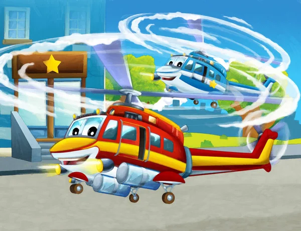 Kreskówka Szczęśliwy Scena Samolotem Helikopter Latający Mieście Ilustracja Dla Dzieci — Zdjęcie stockowe