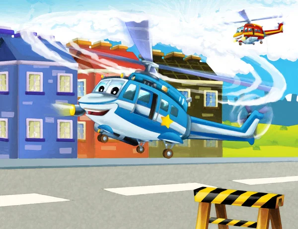 Cartoon Happy Scene Plane Helicopter Flying City Illustration Children Artistic — Stock Photo, Image