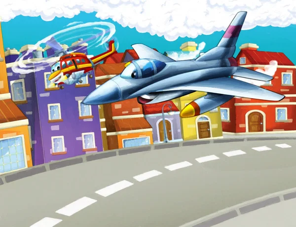 Rajzfilm Boldog Jelenet Repülőgép Helikopter Repül Városban Illusztráció Gyerekeknek Művészeti — Stock Fotó
