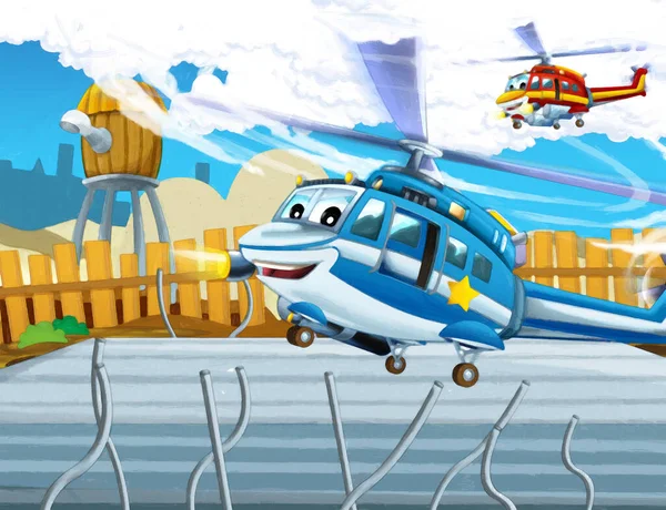 卡通片快乐场景与飞机直升机在城市中飞行 儿童艺术绘画场景图解 — 图库照片