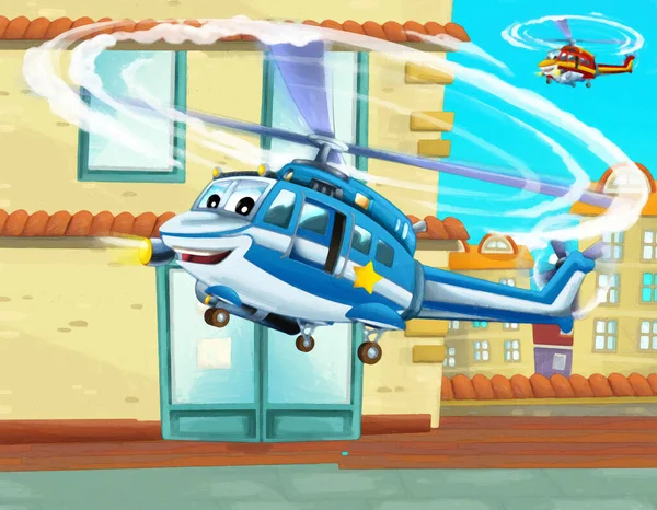 Cartone Animato Scena Felice Con Elicottero Aereo Volare Città Illustrazione — Foto Stock