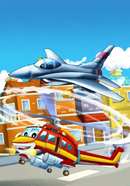Rajzfilm Boldog Jelenet Repülőgép Helikopter Repül Városban Illusztráció Gyerekeknek Művészeti — Stock Fotó