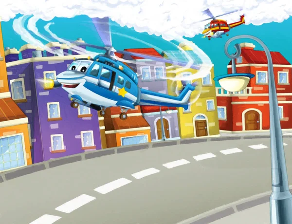 Dibujos Animados Escena Feliz Con Helicóptero Avión Volando Ciudad Ilustración —  Fotos de Stock