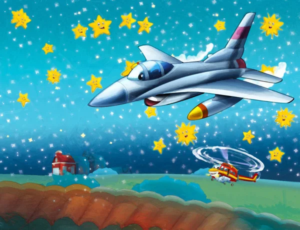 Kreskówka Szczęśliwy Scena Samolotem Helikopter Latający Mieście Ilustracja Dla Dzieci — Zdjęcie stockowe