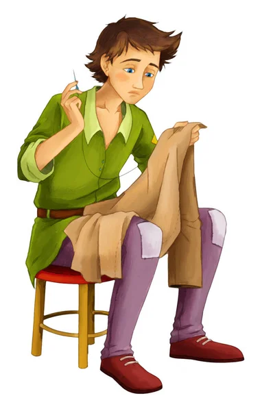 卡通男孩 坐着和工作缝纫英俊 — 图库照片