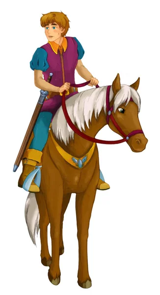 Cartoon Scene Prince Riding Horse White Background Illustration Children — Stock Photo, Image