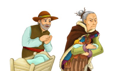 Beyaz arka plandaki peri masalı karakterleri - kötü cadı ya da büyücü yeni doğmuş bebeği babasından alıyor ya da onu iyileştiriyor - çocuklar için illüstrasyon