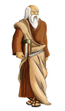 Beyaz arka planda Romalı ya da Yunan karakterli savaşçı ya da gladyatörle karikatür sahnesi - çocuklar için resim