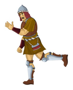 Beyaz arka planda Romalı ya da Yunan karakterli savaşçı ya da gladyatörle karikatür sahnesi - çocuklar için resim