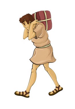 Beyaz arka planda Romalı ya da Yunan karakterli savaşçı ya da gladyatörle karikatür sahnesi - çocuklar için resim