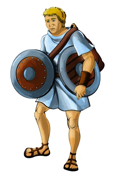 Beyaz Arka Planda Romalı Yunan Karakterli Savaşçı Gladyatörle Karikatür Sahnesi — Stok fotoğraf