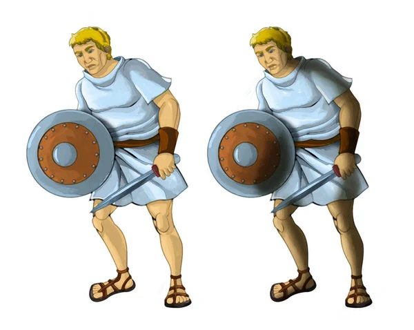 Γελοιογραφία Καλλιτεχνική Σκηνή Ρωμαϊκό Ελληνικό Αρχαίο Χαρακτήρα Πολεμιστής Μονομάχος Λευκό — Φωτογραφία Αρχείου