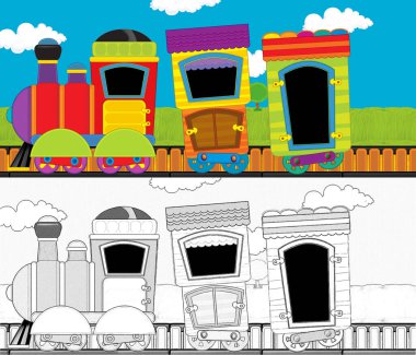 Çizgi film komik görünümlü buhar treni çayırdan geçiyor - çocuklar için çizim