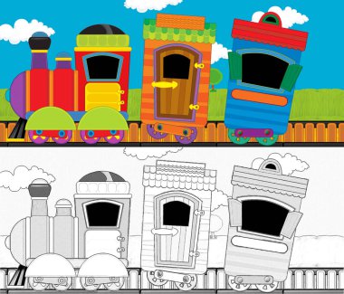 Çizgi film komik görünümlü buhar treni çayırdan geçiyor - çocuklar için çizim