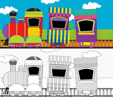 Çizgi film komik görünümlü buhar treni çayırdan geçiyor - çocuklar için çizim