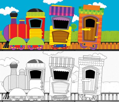 Çizgi film komik görünümlü buhar treni çayırdan geçiyor - çocuklar için çizim