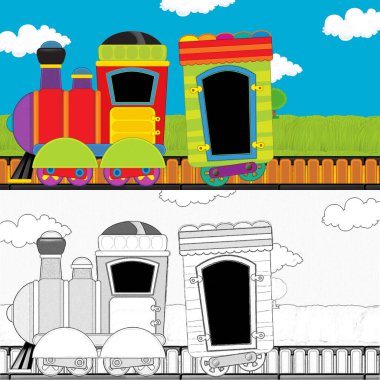 Çizgi film komik görünümlü buhar treni çayırdan geçiyor - çocuklar için çizim