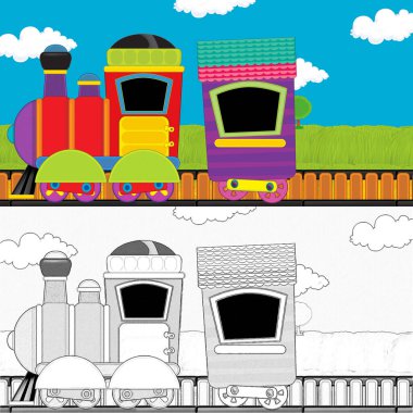 Çizgi film komik görünümlü buhar treni çayırdan geçiyor - çocuklar için çizim