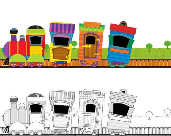 Tren Vapor Aspecto Divertido Dibujos Animados Que Pasa Por Prado —  Fotos de Stock