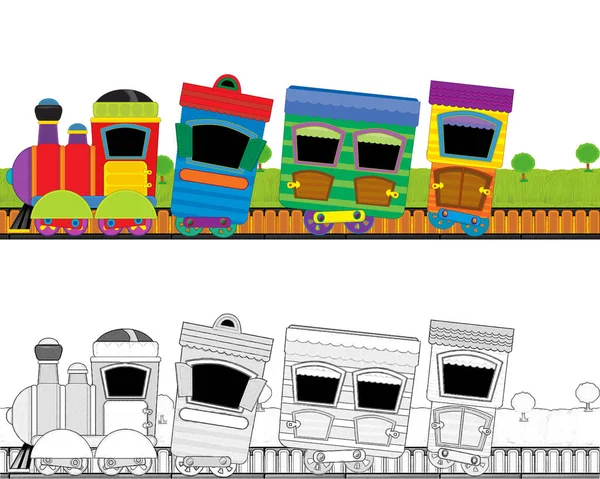 Tren Vapor Aspecto Divertido Dibujos Animados Que Pasa Por Prado —  Fotos de Stock