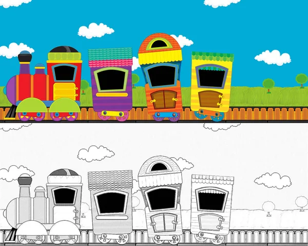 Γελοιογραφία Αστείο Αναζητούν Τρένο Ατμού Διέρχεται Από Λιβάδι Κανέναν Στη — Φωτογραφία Αρχείου