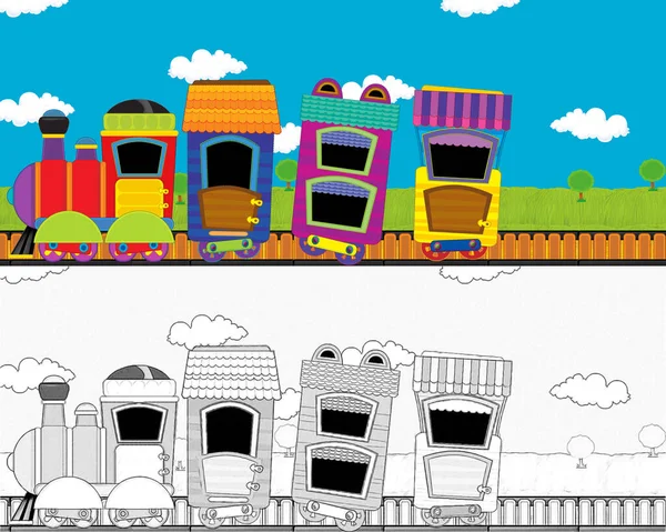 Desenho Animado Engraçado Olhando Trem Vapor Passando Pelo Prado Com — Fotografia de Stock