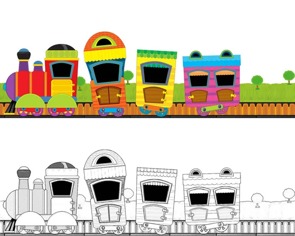 卡通画滑稽的蒸汽火车在草地上穿行 舞台上没人有白色背景的文字 儿童图解 — 图库照片