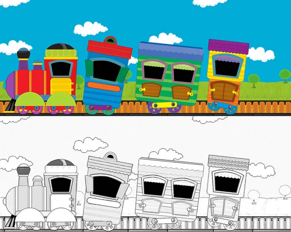 Dibujo Animado Divertido Tren Vapor Que Través Del Prado Sin — Foto de Stock
