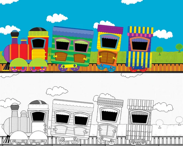Kreslené Vtipné Vypadající Parní Vlak Procházející Loukou Nikým Jevišti Ilustrace — Stock fotografie