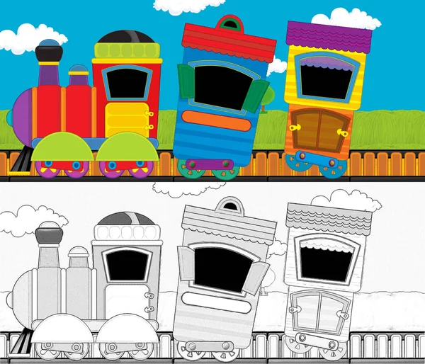 Desenhos Animados Engraçado Olhando Trem Vapor Passando Pelo Prado Ilustração — Fotografia de Stock