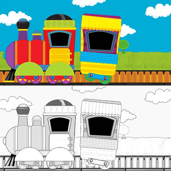 Dessin Animé Drôle Train Vapeur Regardant Travers Prairie Illustration Pour — Photo