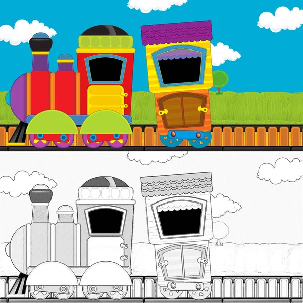 Çizgi Film Komik Görünümlü Buhar Treni Çayırdan Geçiyor Çocuklar Için — Stok fotoğraf