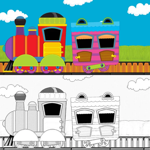 卡通画滑稽的蒸汽火车穿过草地 儿童图解 — 图库照片