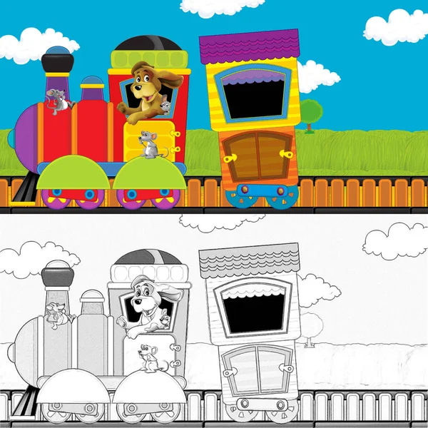 Tren Vapor Aspecto Divertido Dibujos Animados Que Atraviesa Prado Con — Foto de Stock