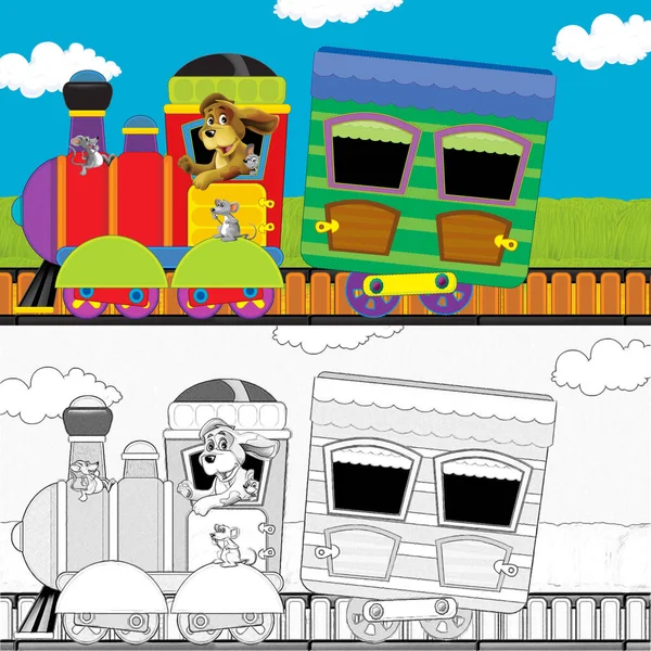 Cartone Animato Divertente Cercando Treno Vapore Che Attraversa Prato Con — Foto Stock