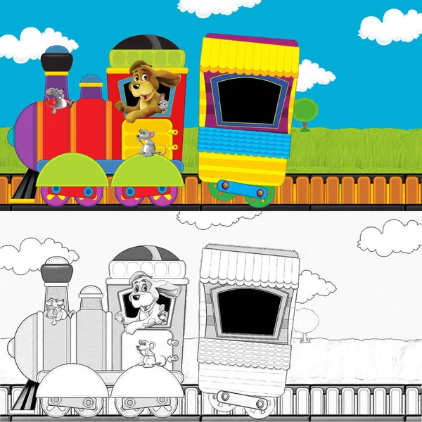 Komik Görünüşlü Buhar Treni Çayırlarda Çiftlik Hayvanlarıyla Geziyor Çocuklar Için — Stok fotoğraf