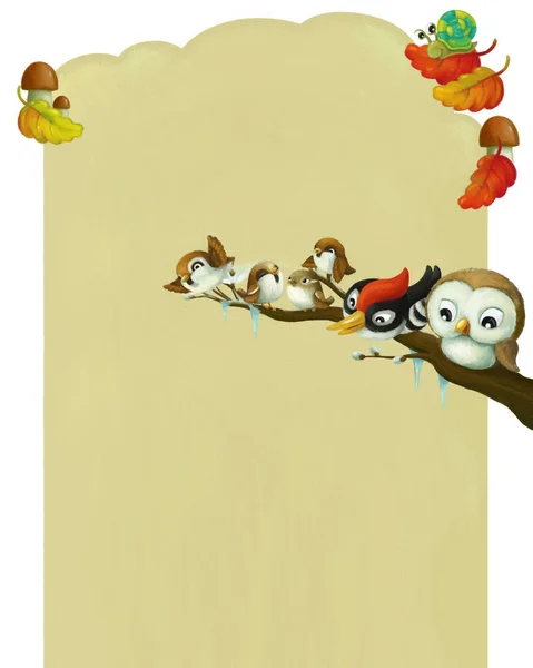 Marco Página Dibujos Animados Escena Otoño Invierno Con Animales Pájaros — Foto de Stock
