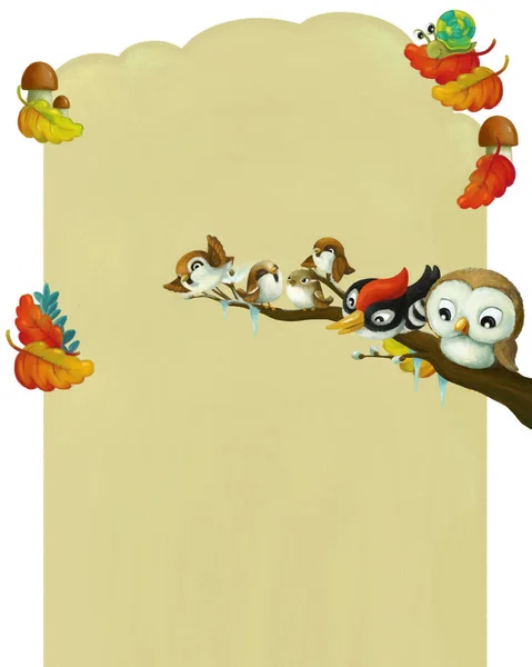 Cartoon Page Frame Autumn Winter Scene Animals Birds Space Text — Stock Photo, Image