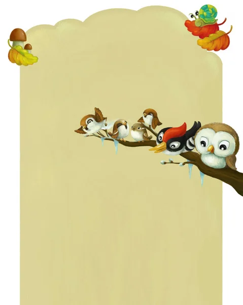 Marco Página Dibujos Animados Escena Otoño Invierno Con Animales Pájaros —  Fotos de Stock