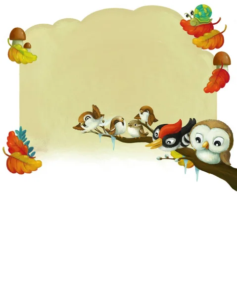 cartoon page frame autumn or winter scene with animals birds with space for text illustration for children