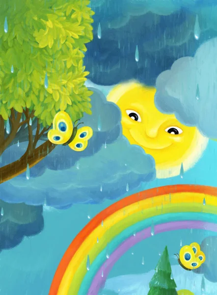 cartoon rainy scene with butterflies and rainbow illustration for children